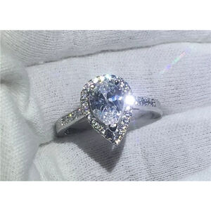 NEW 3ct Rhodium‎ Silver Pear Halo Teardrop Engagement Ring, Size 8